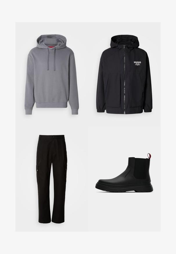 Čierna kapucňová bunda s plným predným zipsom, elastickými manžetami a dvojitými prednými vreckami. Tlačené logo na ľavej hrudi. Hladký povrch.; Sivá mikina s klokankou, stiahnuteľnou kapucňou a rebrovanými manžetami. Obsahuje decentné logo "HUGO" na hrudi. Mäkká tkanina.; Čierne cargo nohavice vyrobené z bavlny s voľným strihom, majú bočné vrecká, zapínanie na gombík a rovné nohavice. Jednoduchý dizajn bez vzorov.; Čierne členkové topánky s hladkým povrchom, elastickými bočnými panelmi a kontrastným červeným poutkom, vybavené hrubou gumovou podrážkou a zaoblenou špičkou.