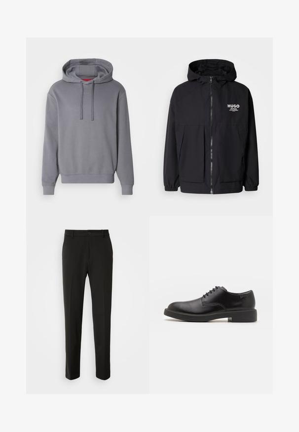 Zwarte hoodie-jack met een volledige rits aan de voorkant, elastische manchetten en twee voorzakken. Gedrukt logo op de linkerborst. Glad textuur.; Grijze hoodie met een kangoeroezak, een capuchon met trekkoord en geribbelde cuffs. Heeft subtiele "HUGO" branding op de borst. Zachte stoftextuur.; Zwarte broek van gladde stof, met rechte pijpen, een knoopsluiting en een klassiek ontwerp dat geschikt is voor zowel formele als casual gelegenheid.; Zwarte leren veterschoen met een ronde neus, een gladde textuur, minimale stiksels en een lage rubberen hak. Logo op de hak.