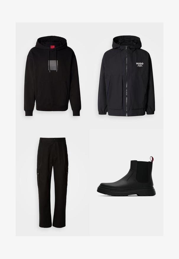 Giacca nera con cappuccio caratterizzata da una zip frontale completa, polsini elasticizzati e due tasche frontali. Logo stampato sul lato sinistro del petto. Texture liscia.; Felpa nera con cappuccio e cordoncino, tasca frontale e logo all'interno di un quadrato trasparente. Il tessuto sembra morbido e con una superficie liscia.; Pantaloni cargo neri in cotone con vestibilità comoda, dotati di tasche laterali, chiusura a bottone e gambe dritti. Design semplice senza motivi.; Stivale alla caviglia nero con finitura liscia, pannelli laterali elastici e un tab di presa rosso a contrasto, dotato di una suola in gomma spessa e punta arrotondata.