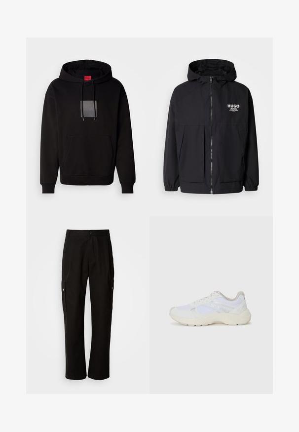 Must tumes jakk, millel on täispikktõmblukk, elastsed mansetid ja kaks esist pocketit. Prinditud logo vasakul rinnal. Sile tekstuur.; Must mustriga, millel on sikutussüsteem, eesmine tasku ja logo läbipaistvas ruudis. Kangas näib olevat pehme ja sile tekstuuriga.; Mustad mustadeks rõivasteks mõeldud puuvillased püksid, millel on lõdva istuvuse disain, küljetaskud, nööbiga sulgemine ja sirged sääred. Lihtne disain ilma mustriteta.; Valged sportlikud jalanõud, mis on valmistatud võrkkangast ja seemisnahast, sisaldavad tekstureeritud vahetald, tekstureeritud aktsentide ning küljes oleva "HUGO" logo.