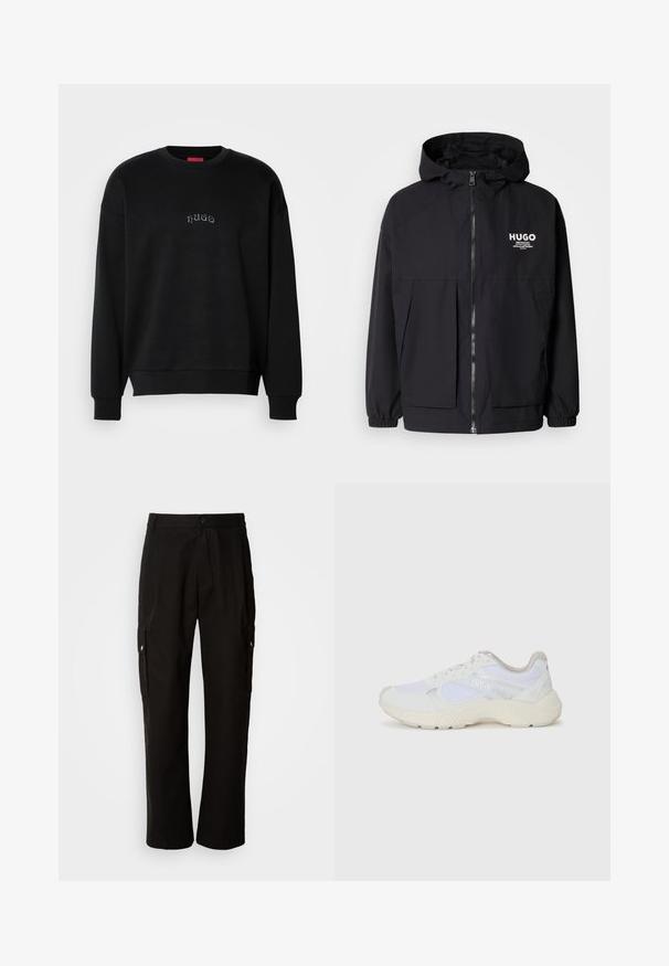 Svart hettegenser med full frontglidelås, elastiske mansjetter og doble frontlommer. Trykt logo på venstre bryst. Glatt tekstur.; Svart langermet crewneck hettegenser med liten, sentrert "hugo" tekst i lyseblått på brystet, ribbestrikkede manchetter og nederkant.; Svart cargobukse laget av bomull med avslappet passform, med sidelommer, knappeåpning og rette ben. Enkelt design uten mønstre.; Hvit idrettssko laget av mesh og skinn, med en teksturert mellomsåle, teksturerte detaljer og "HUGO"-logo på siden.