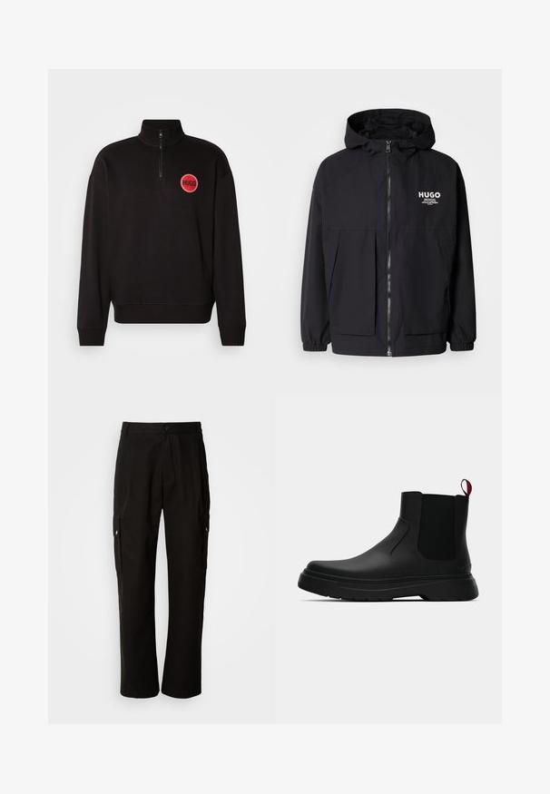 Fekete kapucnis dzseki, teljes elülső cipzárral, elasztikus mandzsettákkal és két elülső zsebbel. Nyomtatott logó a bal mellen. Simább textúra.; Fekete negyed-zippes pulóver bordás mandzsettákkal és szegéllyel. Jellemzője egy piros kör alakú logó "HUGO" felirattal. Simább, könnyű anyagból készült.; Fekete vászont nadrág laza szabással, oldalsó zsebekkel, gombos záródással és egyenes lábakkal. Egyszerű minta nélküli design.; Fekete bokacipő sima felülettel, ruganyos oldalsó panelek és kontrasztos piros húzópánt jellemzi, vastag gumitalppal és lekerekített orral.