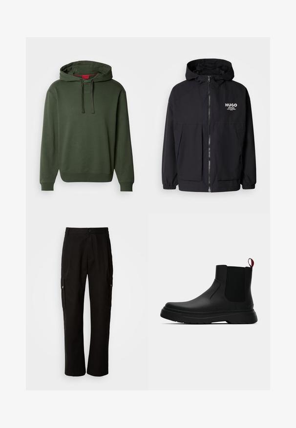 Melnā kapuce jaka ar pilnu priekšējo rāvējslēdzēju, elastīgām piedurknēm un divām priekšējām kabatām. Izdrukāts logo kreisajā krūtī. Gluda tekstūra.; Olīvu zaļš kapučīno džemperis ar priekšējo kangaroo kabatu, ribinātām piedurknēm un apakšmalu. Ar auklītēm un smalku apzīmējumu uz krūtīm.; Melnas kokvilnas kravas bikses ar brīvu piegriezumu, ar sānu kabatām, pogu aizdari un taisnām kājām. Vienkāršs dizains bez rakstiem.; Melnas potītes ar gludu apdari, elastīgiem sānu paneļiem un kontrastējošu sarkano cilpu, aprīkotas ar biezu gumijas zoli un noapaļotu purngalu.