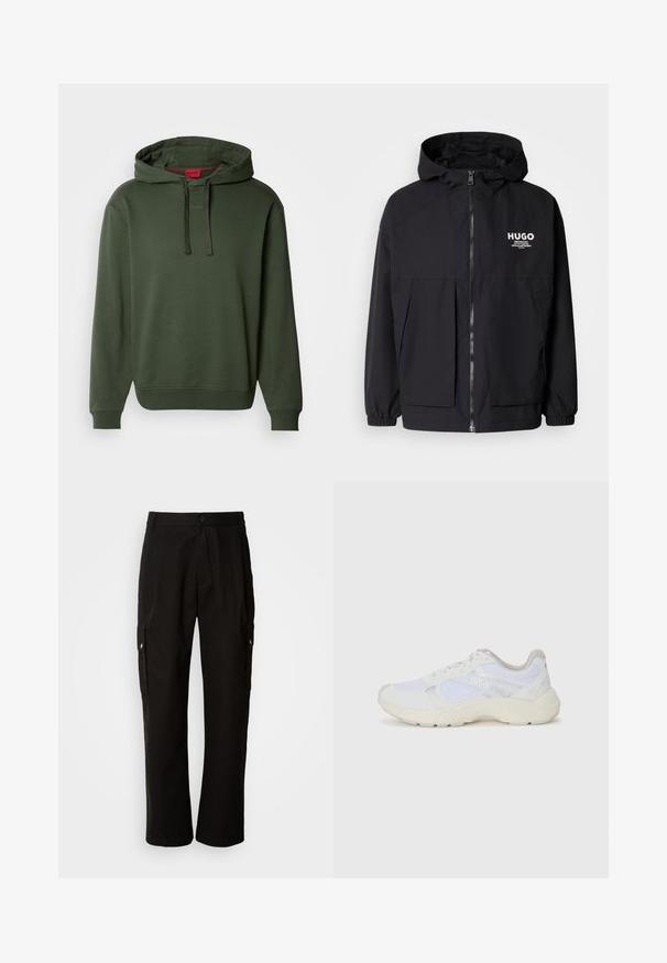Czarna kurtka z kapturem z pełnym zamkiem z przodu, elastycznymi mankietami i podwójnymi kieszeniami z przodu. Drukowane logo na lewej piersi. Gładka faktura.; Oliwkowy hoodie z przednią kieszenią typu kangur, ściągaczami na rękawach i dolnym brzegu. Posiada troczki i subtelne logo na klatce piersiowej.; Czarne spodnie cargo wykonane z bawełny, o luźnym kroju, z bocznymi kieszeniami, z zapięciem na guzik i prostymi nogawkami. Prosty design bez wzorów.; Białe sportowe buty wykonane z siateczki i zamszu, z teksturowaną podeszwą środkową, teksturowanymi akcentami i logo "HUGO" z boku.