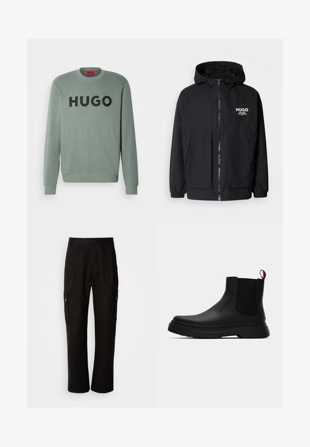 Giacca nera con cappuccio caratterizzata da una zip frontale completa, polsini elasticizzati e due tasche frontali. Logo stampato sul lato sinistro del petto. Texture liscia.; Felpa verde chiaro realizzata in tessuto morbido, con scollatura rotonda e un grande logo nero "HUGO" sulla parte anteriore.; Pantaloni cargo neri in cotone con vestibilità comoda, dotati di tasche laterali, chiusura a bottone e gambe dritti. Design semplice senza motivi.; Stivale alla caviglia nero con finitura liscia, pannelli laterali elastici e un tab di presa rosso a contrasto, dotato di una suola in gomma spessa e punta arrotondata.