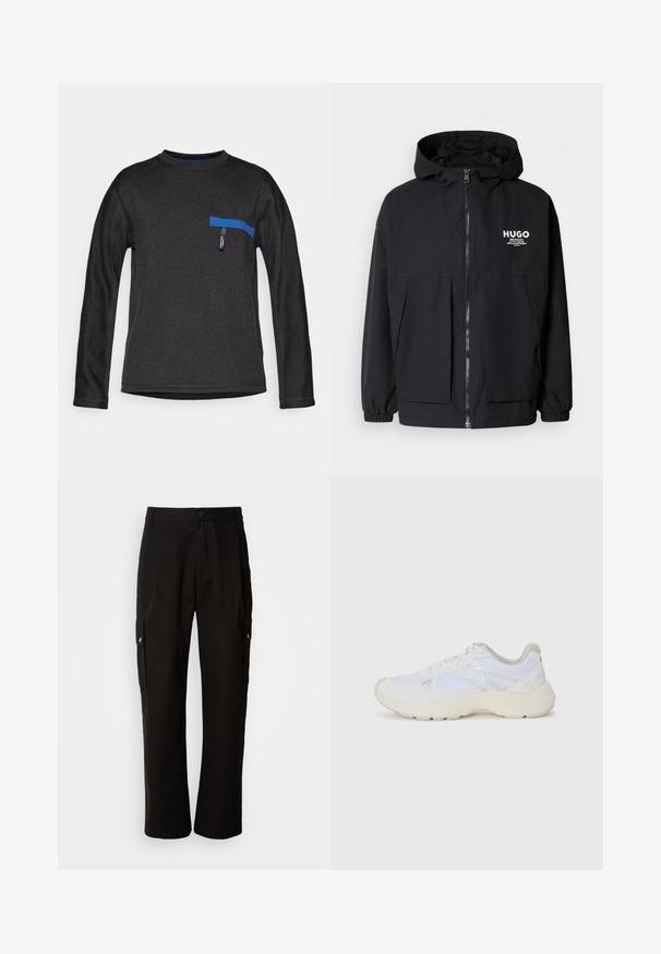 Černá kapucňová bunda s plným předním zipem, elastickými manžetami a dvojitými předními kapsami. Tištěné logo na levém prsu. Hladká textura.; Černá dlouhá rukávová košile s kulatým výstřihem, která má modrou horizontální kapsu jako akcent a strukturovanou látku. Jednoduchý design bez vzorů.; Černé cargo kalhoty vyrobené z bavlny s uvolněným střihem, vybavené bočními kapsami, zapínáním na knoflík a rovnými nohavicemi. Jednoduchý design bez vzorů.; Bílé sportovní boty vyrobené z síťoviny a semiše, s texturovanou mezipodešví, texturovanými akcenty a logem "HUGO" na boku.