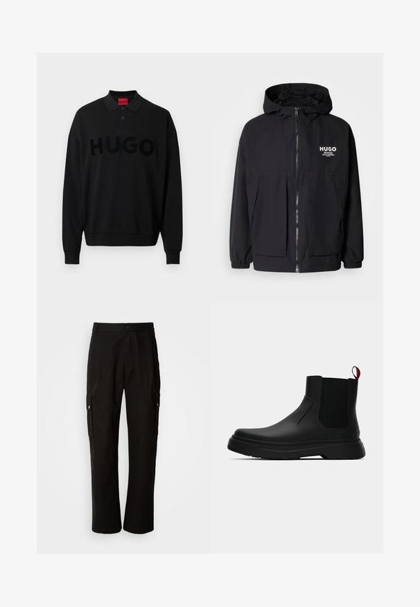 Giacca nera con cappuccio caratterizzata da una zip frontale completa, polsini elasticizzati e due tasche frontali. Logo stampato sul lato sinistro del petto. Texture liscia.; Polo nera a maniche lunghe con colletto a coste, caratterizzata da un evidente logo "HUGO" strutturato sulla parte frontale. Materiale morbido, vestibilità rilassata.; Pantaloni cargo neri in cotone con vestibilità comoda, dotati di tasche laterali, chiusura a bottone e gambe dritti. Design semplice senza motivi.; Stivale alla caviglia nero con finitura liscia, pannelli laterali elastici e un tab di presa rosso a contrasto, dotato di una suola in gomma spessa e punta arrotondata.