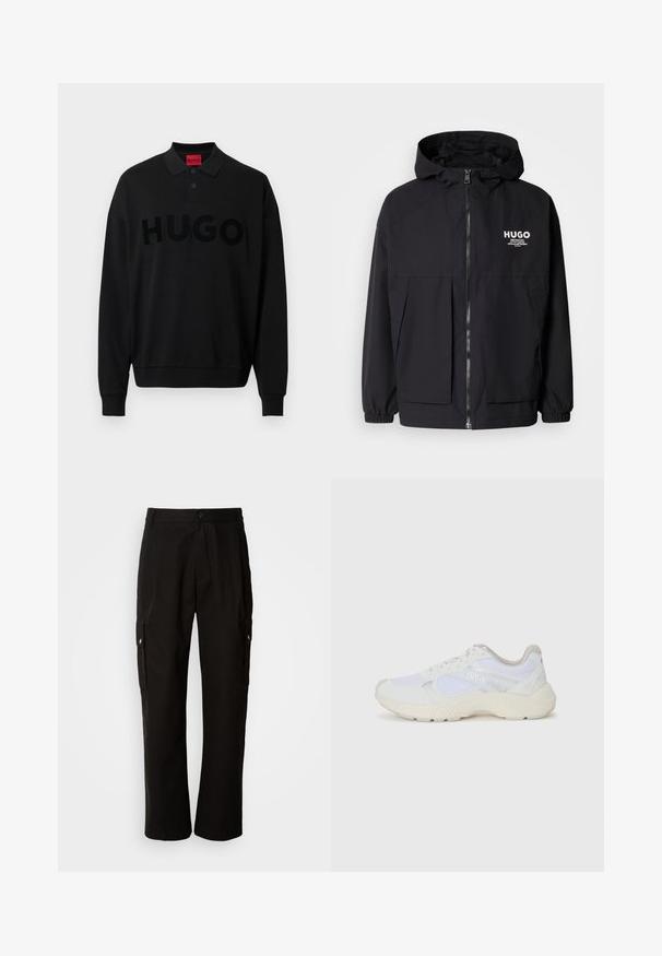 Zwarte hoodie-jack met een volledige rits aan de voorkant, elastische manchetten en twee voorzakken. Gedrukt logo op de linkerborst. Glad textuur.; Zwart poloshirt met lange mouwen en een geribbelde kraag, met een opvallend, gestructureerd "HUGO"-logo op de voorkant. Zacht materiaal, comfortabele pasvorm.; Zwarte cargobroek van katoen met een relaxte pasvorm, voorzien van zijzakken, een knoopsluiting en rechte pijpen. Eenvoudig ontwerp zonder patronen.; Witte sportief schoenen van mesh en suede, met een gestructureerde tussenzool, gestructureerde accenten en het "HUGO" logo aan de zijkant.
