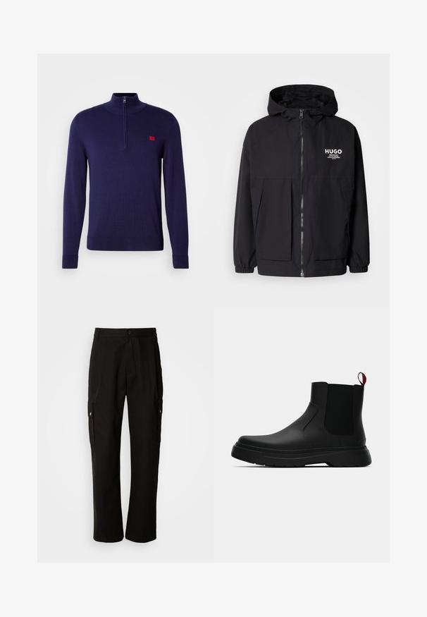 Svart huva jacka med full dragkedja fram, elastiska ärmslut och dubbla framfickor. Tryckt logotyp på vänster bröst. Slät textur.; Mörkblå långärmad tröja med kvartzip och ribbade ärmslut, med en liten röd rektangulär logotyp på vänster bröst.; Svarta cargobyxor i bomull med avslappnad passform, utrustade med sidofickor, knapplås och raka ben. Enkelt design utan mönster.; Svarta ankelstövlar med en slät yta, elastiska sidopaneler och en kontrasterande röd dragflik, med en tjock gummisula och rund tå.