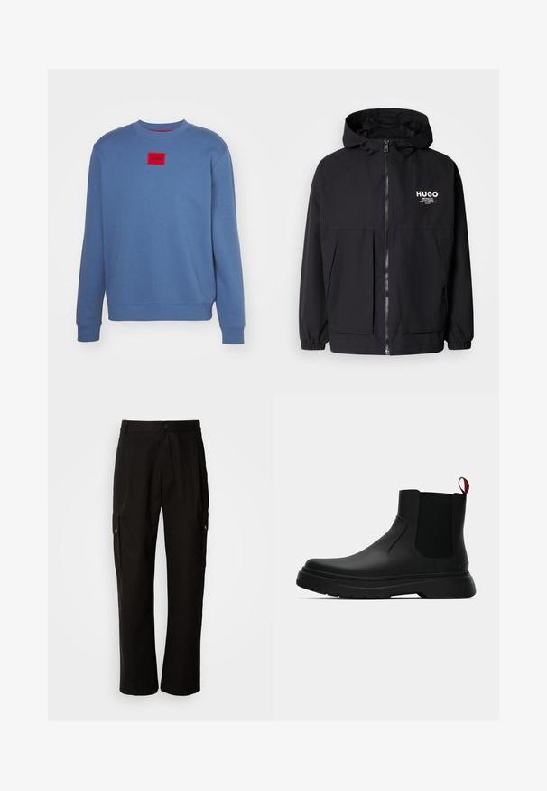 Fekete kapucnis dzseki, teljes elülső cipzárral, elasztikus mandzsettákkal és két elülső zsebbel. Nyomtatott logó a bal mellen. Simább textúra.; Kék, pamut keverékből készült pulóver, kerek nyakkal, bordás mandzsettákkal és aljjal. Egy piros téglalap alakú folt található rajta, amelyen a "HUGO" logó látható.; Fekete vászont nadrág laza szabással, oldalsó zsebekkel, gombos záródással és egyenes lábakkal. Egyszerű minta nélküli design.; Fekete bokacipő sima felülettel, ruganyos oldalsó panelek és kontrasztos piros húzópánt jellemzi, vastag gumitalppal és lekerekített orral.