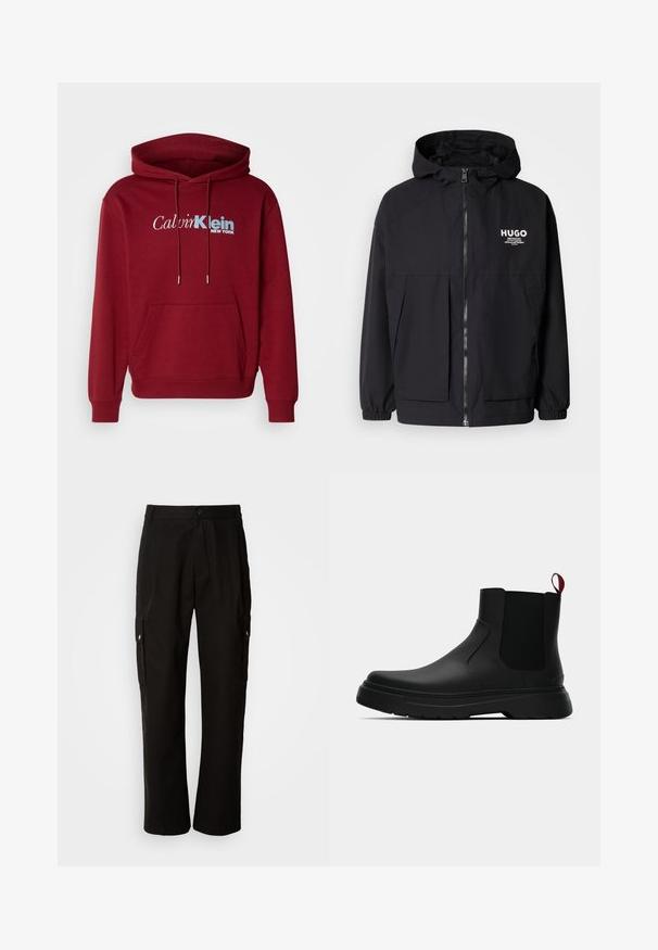 Must tumes jakk, millel on täispikktõmblukk, elastsed mansetid ja kaks esist pocketit. Prinditud logo vasakul rinnal. Sile tekstuur.; Burgundia kapuutsiga dressipusa, mis on valmistatud fliiskangast, millel on kängurupocket, ribakujulised mansetid ja valge ning sinine "Calvin Klein NEW YORK" logo.; Mustad mustadeks rõivasteks mõeldud puuvillased püksid, millel on lõdva istuvuse disain, küljetaskud, nööbiga sulgemine ja sirged sääred. Lihtne disain ilma mustriteta.; Mustad musta värvi ankle boot, millel on sile viimistlus, elastsed külgpaneelid ja kontrastne punane tõmbetaba. Saapadel on paks kummist tald ja ümar varvas.