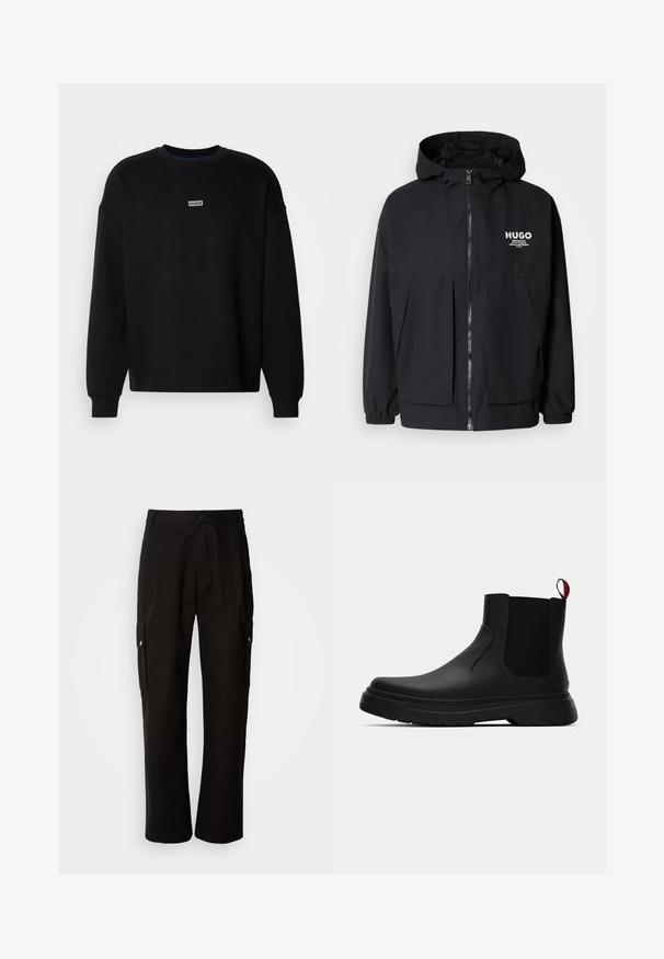 Svart huva jacka med full dragkedja fram, elastiska ärmslut och dubbla framfickor. Tryckt logotyp på vänster bröst. Slät textur.; Svart sweatshirt i bomull. Har rund hals och långa ärmar. Inkluderar ett litet vitt logopatch med "HUGO" på bröstet.; Svarta cargobyxor i bomull med avslappnad passform, utrustade med sidofickor, knapplås och raka ben. Enkelt design utan mönster.; Svarta ankelstövlar med en slät yta, elastiska sidopaneler och en kontrasterande röd dragflik, med en tjock gummisula och rund tå.