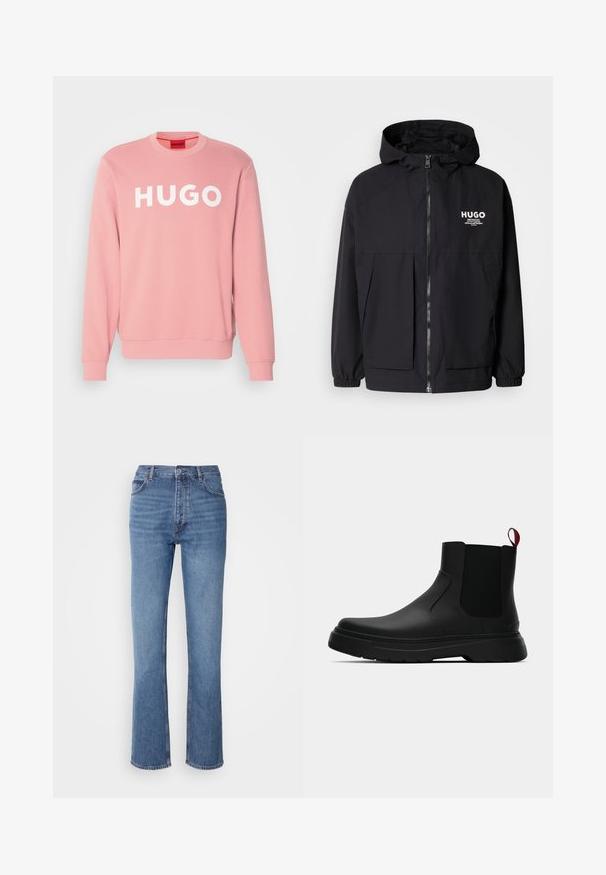 Chaqueta negra con capucha que presenta un cierre frontal completo, puños elásticos y dos bolsillos frontales. Logo impreso en el lado izquierdo del pecho. Textura suave.; Sudadera rosa de algodón con cuello redondo. Presenta un gran logotipo en blanco "HUGO" en la parte delantera y puños acanalados.; Jeans de mezclilla azul con cintura alta, diseño de pierna recta y un ligero desgaste. Presentan un estilo clásico de cinco bolsillos y un cierre de cremallera.; Botín negro con un acabado liso, paneles laterales elásticos y una lengüeta de tirón roja contrastante, que presenta una suela de goma gruesa y punta redondeada.