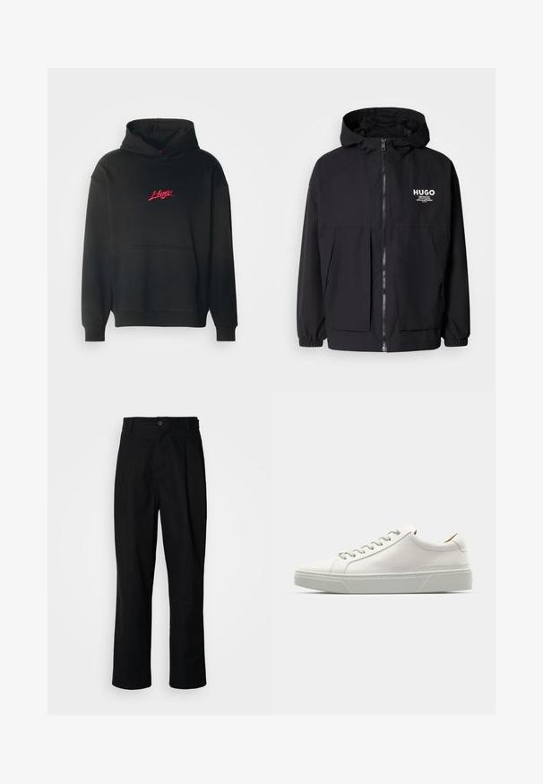 Jachetă neagră cu glugă, având un fermoar complet pe față, manșete elastice și două buzunare frontale. Logo imprimat pe partea stângă a pieptului. Textură netedă.; HUGO Bluză de molton - black; Pantaloni negri cu croială dreaptă, cu talie cu nasturi, bucle pentru curea și cute pe față, prezentati pe un fundal alb simplu.; Sneaker din piele albă cu vârful rotund, design minimalist, șireturi gri și o talpă din cauciuc texturată, gri. Detalii de cusătură subtile vizibile.