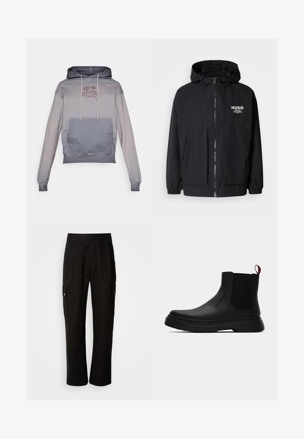 Μαύρο μπουφάν με κουκούλα που διαθέτει πλήρες μπροστινό φερμουάρ, ελαστικές μανσέτες και διπλές μπροστινές τσέπες. Εκτυπωμένο λογότυπο στο αριστερό στήθος. Απαλή υφή.; Γκρίζα και μπλε χρώματα μπλοκαρισμένη κουκούλα με καγκουρό τσέπη, κουκούλα και κορδόνια. Έχει γραφικό σχέδιο στο στήθος. Μαλακή υφή.; Μαύρο cargo παντελόνι από βαμβάκι με χαλαρή εφαρμογή, διαθέτει πλαϊνές τσέπες, κλείσιμο με κουμπί και ίσια πόδια. Απλό σχέδιο χωρίς μοτίβα.; Μαύρη αστράγαλη μποτάκι με λείο φινίρισμα, ελαστικές πλευρικές πάνελ και εναν αντίθετο κόκκινο χερούλι, με παχιά καουτσούκ σόλα και στρογγυλή μύτη.