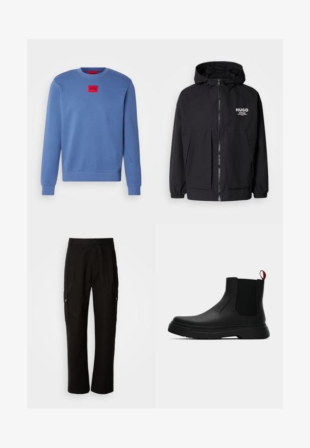 Čierna kapucňová bunda s plným predným zipsom, elastickými manžetami a dvojitými prednými vreckami. Tlačené logo na ľavej hrudi. Hladký povrch.; Modrá mikina s okrúhlym výstrihom, rebrovanými manžetami a lemom. V strede červený štvorcový nášivka s označením „HUGO“. Hladká textúra látky.; Čierne cargo nohavice vyrobené z bavlny s voľným strihom, majú bočné vrecká, zapínanie na gombík a rovné nohavice. Jednoduchý dizajn bez vzorov.; Čierne členkové topánky s hladkým povrchom, elastickými bočnými panelmi a kontrastným červeným poutkom, vybavené hrubou gumovou podrážkou a zaoblenou špičkou.