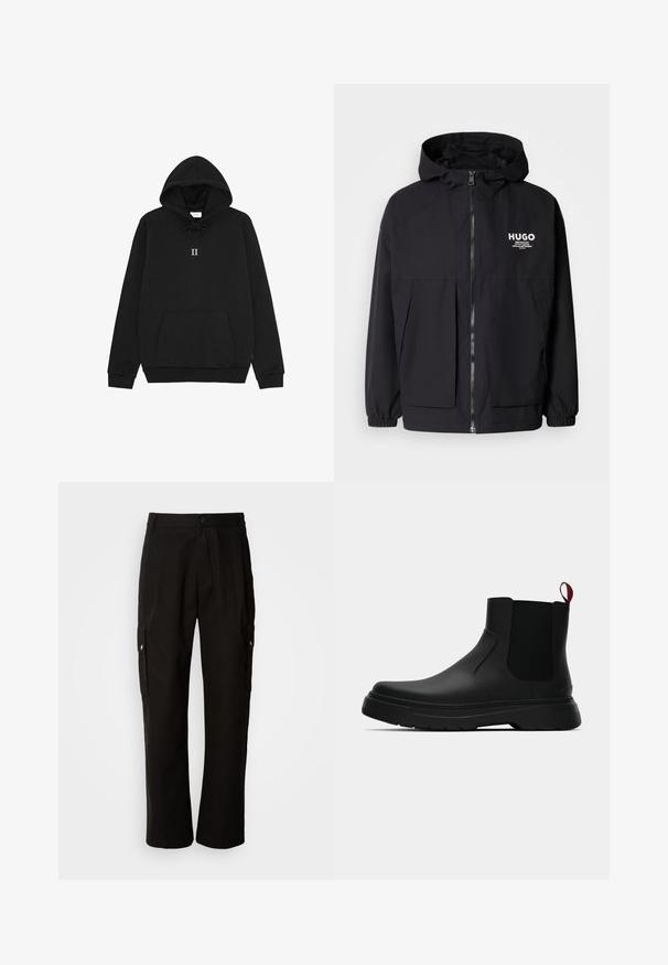 Melnā kapuce jaka ar pilnu priekšējo rāvējslēdzēju, elastīgām piedurknēm un divām priekšējām kabatām. Izdrukāts logo kreisajā krūtī. Gluda tekstūra.; Melnā kapucīna, kas izgatavota no mīksta auduma, ar aukliņu kapuci, priekšējo kangaru kabatu un mazu "II" grafiku uz krūtīm.; Melnas kokvilnas kravas bikses ar brīvu piegriezumu, ar sānu kabatām, pogu aizdari un taisnām kājām. Vienkāršs dizains bez rakstiem.; Melnas potītes ar gludu apdari, elastīgiem sānu paneļiem un kontrastējošu sarkano cilpu, aprīkotas ar biezu gumijas zoli un noapaļotu purngalu.