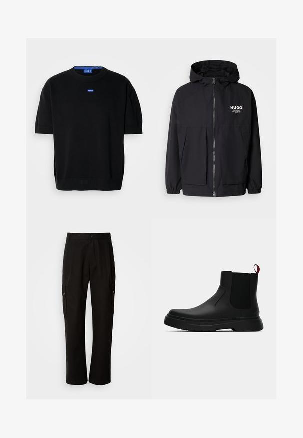 Must tumes jakk, millel on täispikktõmblukk, elastsed mansetid ja kaks esist pocketit. Prinditud logo vasakul rinnal. Sile tekstuur.; Must mustameest, lühikeste varrukatega kampsun pehmest kudumisest, ümmarguse kaelusega ja väikese sinise "HUGO" logoga rindkere piirkonnas.; Mustad mustadeks rõivasteks mõeldud puuvillased püksid, millel on lõdva istuvuse disain, küljetaskud, nööbiga sulgemine ja sirged sääred. Lihtne disain ilma mustriteta.; Mustad musta värvi ankle boot, millel on sile viimistlus, elastsed külgpaneelid ja kontrastne punane tõmbetaba. Saapadel on paks kummist tald ja ümar varvas.