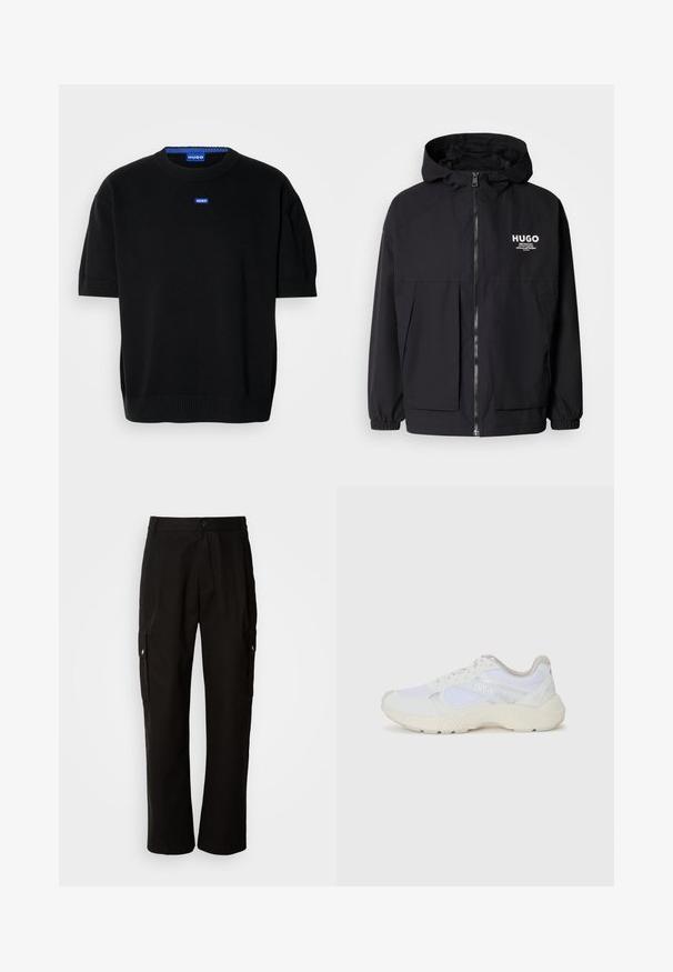 Zwarte hoodie-jack met een volledige rits aan de voorkant, elastische manchetten en twee voorzakken. Gedrukt logo op de linkerborst. Glad textuur.; Zwarte trui met korte mouwen, gemaakt van zachte breigoed, met een ronde hals en een klein blauw "HUGO" logo op de borst.; Zwarte cargobroek van katoen met een relaxte pasvorm, voorzien van zijzakken, een knoopsluiting en rechte pijpen. Eenvoudig ontwerp zonder patronen.; Witte sportief schoenen van mesh en suede, met een gestructureerde tussenzool, gestructureerde accenten en het "HUGO" logo aan de zijkant.
