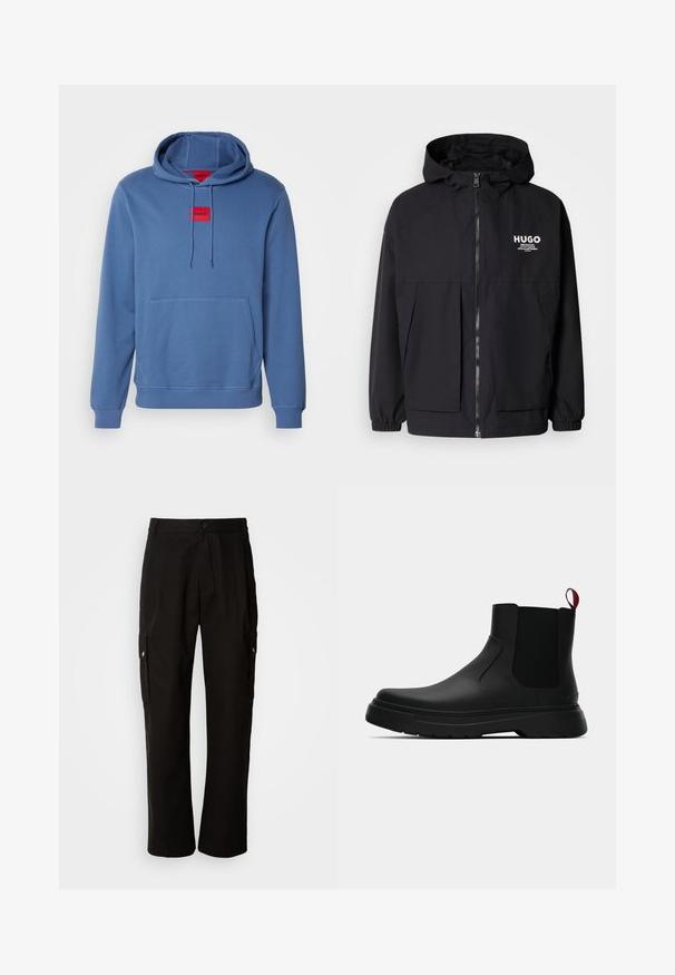Zwarte hoodie-jack met een volledige rits aan de voorkant, elastische manchetten en twee voorzakken. Gedrukt logo op de linkerborst. Glad textuur.; Blauwe katoenen hoodie met dubbele capuchon, kangoeroezak en rode HUGO logo patch. Ribgebreide mouwen en onderrand voor een snug fit.; Zwarte cargobroek van katoen met een relaxte pasvorm, voorzien van zijzakken, een knoopsluiting en rechte pijpen. Eenvoudig ontwerp zonder patronen.; Zwarte enkelboot met een gladde afwerking, elastische zijpanelen en een contrasterende rode treklus, met een dikke rubberen zool en een afgeronde teen.