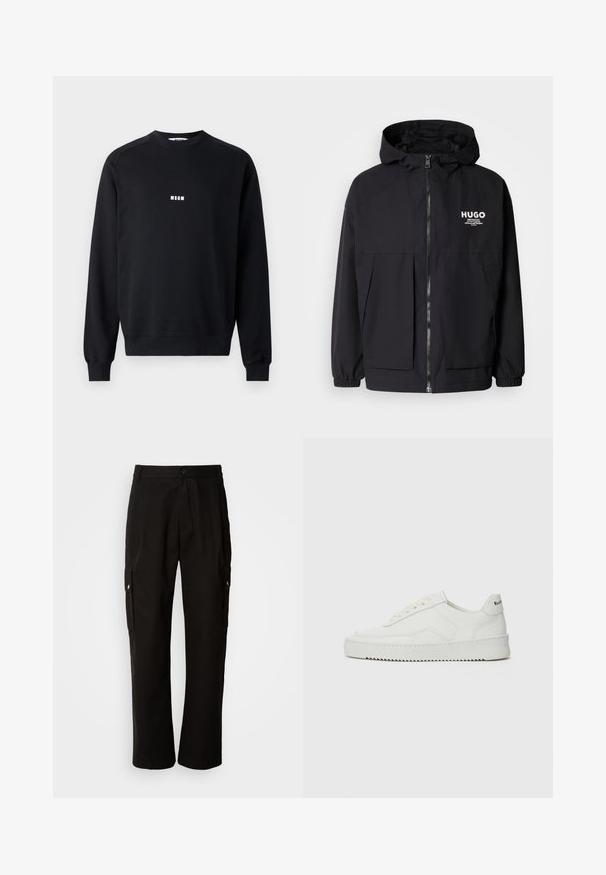 Czarna kurtka z kapturem z pełnym zamkiem z przodu, elastycznymi mankietami i podwójnymi kieszeniami z przodu. Drukowane logo na lewej piersi. Gładka faktura.; Czarny sweter z bawełny z dodatkiem, z okrągłym dekoltem, długimi rękawami, ściągaczami przy mankietach oraz białym logo MSGM na klatce piersiowej.; Czarne spodnie cargo wykonane z bawełny, o luźnym kroju, z bocznymi kieszeniami, z zapięciem na guzik i prostymi nogawkami. Prosty design bez wzorów.; Białe skórzane sneakersy o gładkim wykończeniu, okrągłym nosku, płaskich sznurówkach i teksturowanej podeszwie. Charakteryzują się delikatnym logo na pięcie.