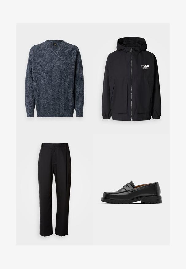 Casaco preto com capuz, apresentando um zíper frontal completo, punhos elásticos e dois bolsos frontais. Logótipo impresso no lado esquerdo do peito. Textura suave.; Camisola azul-marinho em malha canelada com decote em V e mangas compridas. Feita de um material texturizado, apresenta um corte descontraído e punhos ajustados.; Calças pretas de corte reto, feitas de tecido leve. Apresentam um fecho frontal com botão e dois bolsos laterais; textura suave.; Os mocassins de couro preto apresentam uma costura elevada, duas tiras decorativas na parte superior e uma sola grossa e texturizada para maior aderência.