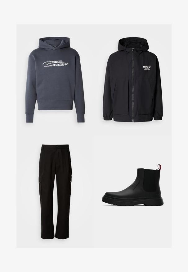 Giacca nera con cappuccio caratterizzata da una zip frontale completa, polsini elasticizzati e due tasche frontali. Logo stampato sul lato sinistro del petto. Texture liscia.; Felpa con cappuccio grigio scuro, con testo in bianco "CITY SUMMER Paradise" sul davanti. Tessuto morbido, polsini e orlo a coste.; Pantaloni cargo neri in cotone con vestibilità comoda, dotati di tasche laterali, chiusura a bottone e gambe dritti. Design semplice senza motivi.; Stivale alla caviglia nero con finitura liscia, pannelli laterali elastici e un tab di presa rosso a contrasto, dotato di una suola in gomma spessa e punta arrotondata.