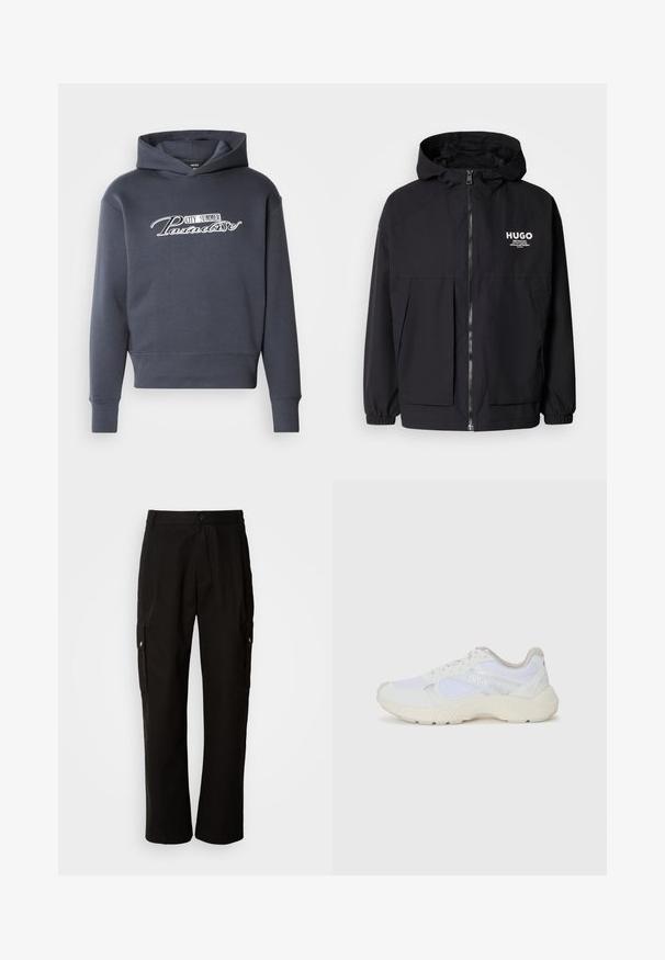 Melnā kapuce jaka ar pilnu priekšējo rāvējslēdzēju, elastīgām piedurknēm un divām priekšējām kabatām. Izdrukāts logo kreisajā krūtī. Gluda tekstūra.; Tumši pelēks kapuci krekls, ar baltu uzrakstu "CITY SUMMER Paradise" priekšpusē. Mīksta auduma, ar gumijas piedurknēm un apakšmalu.; Melnas kokvilnas kravas bikses ar brīvu piegriezumu, ar sānu kabatām, pogu aizdari un taisnām kājām. Vienkāršs dizains bez rakstiem.; Baltas sporta apavi, kas izgatavoti no sieta un zamšāda, ar teksturētu starpzoli, teksturētām akcentēm un "HUGO" logo sānos.