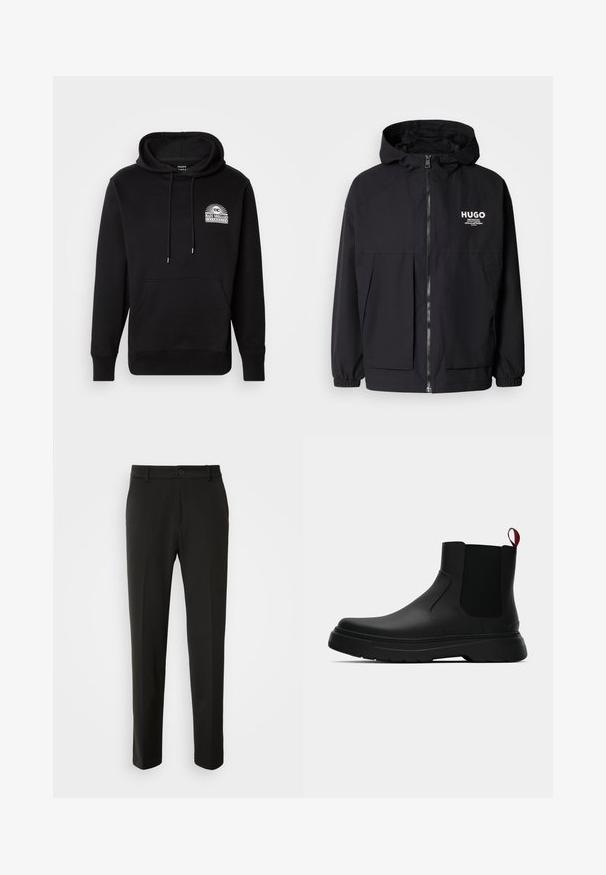 Čierna kapucňová bunda s plným predným zipsom, elastickými manžetami a dvojitými prednými vreckami. Tlačené logo na ľavej hrudi. Hladký povrch.; Čierna mikina s kapucňou, predným vreckom a sťahovacími šnúrkami, s bielym logom s dizajnom slnka. Vyrobená z mäkkej tkaniny a s rebrovanými manžetami.; Čierne nohavice vyrobené z hladkej tkaniny, s rovnými nohami, zapínaním na gombík a klasickým dizajnom vhodným pre formálne aj neformálne nosenie.; Čierne členkové topánky s hladkým povrchom, elastickými bočnými panelmi a kontrastným červeným poutkom, vybavené hrubou gumovou podrážkou a zaoblenou špičkou.