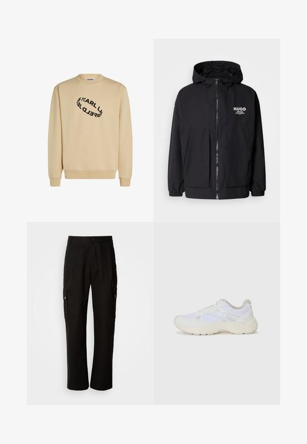 Mustat hupparitakki, jossa on täysipituinen vetoketju, joustavat hihansuut ja kaksinkertaiset etupussit. Vasemmassa rinnassa painettu logo. Sileä tekstuuri.; Beige huppari pyöreällä kaula-aukolla. Musta tekstimuotoilu, joka on spiraalimaisessa asennossa. Pitkät hihat ja ribbireunat helmassa.; Mustat cargo-housut puuvillasta, joissa on rento istuvuus, sivutaskut, nappikiinnitys ja suorat lahkeet. Yksinkertainen muotoilu ilman kuvioita.; Valkoiset urheilukengät, jotka on valmistettu verkkokankaasta ja mokasta, sisältävät tekstuurillisen välipohjan, teksturoituja yksityiskohtia ja "HUGO"-logon sivussa.