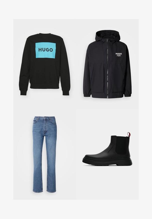 Czarna kurtka z kapturem z pełnym zamkiem z przodu, elastycznymi mankietami i podwójnymi kieszeniami z przodu. Drukowane logo na lewej piersi. Gładka faktura.; HUGO DURAGOL czarny; Niebieskie dżinsy o wysokim stanie, prostym kroju nogawek i subtelnych przetarciach. Posiadają klasyczny pięciopakowy styl oraz zamek błyskawiczny.; Czarny botek za kostkę o gładkim wykończeniu, z elastycznymi bocznymi panelami i kontrastującą czerwoną pętelką, z grubą gumową podeszwą i zaokrąglonym noskiem.