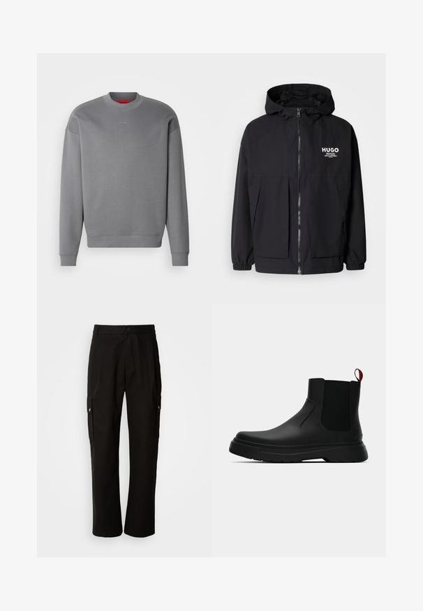 Chaqueta negra con capucha que presenta un cierre frontal completo, puños elásticos y dos bolsillos frontales. Logo impreso en el lado izquierdo del pecho. Textura suave.; HUGO DAPOCREW - Sudadera - open grey; Pantalones cargo negros de algodón con un corte relajado, que cuentan con bolsillos laterales, cierre de botón y perneras rectas. Diseño simple sin patrones.; Botín negro con un acabado liso, paneles laterales elásticos y una lengüeta de tirón roja contrastante, que presenta una suela de goma gruesa y punta redondeada.