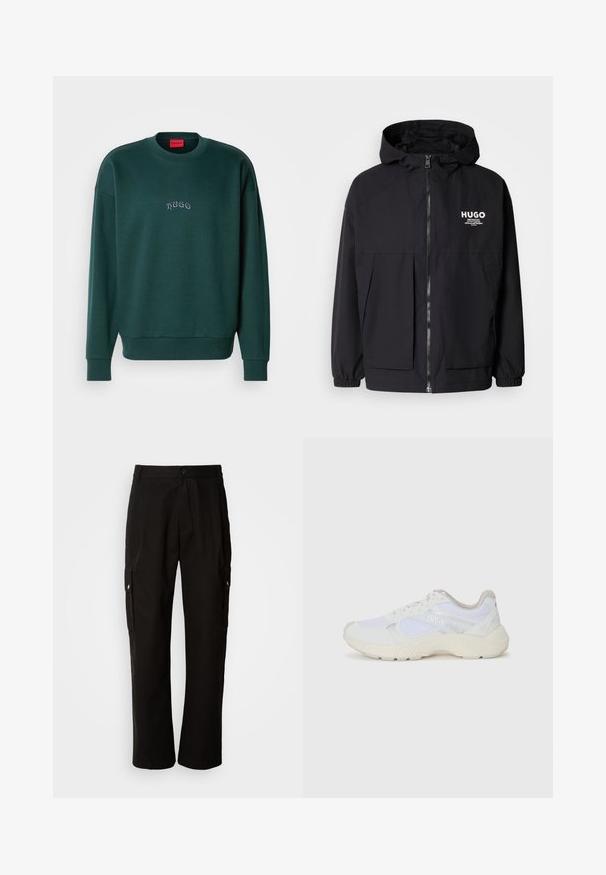 Giacca nera con cappuccio caratterizzata da una zip frontale completa, polsini elasticizzati e due tasche frontali. Logo stampato sul lato sinistro del petto. Texture liscia.; Felpa verde scuro realizzata in tessuto morbido, con colletto a girocollo, polsini a coste e un piccolo logo "Hugo" ricamato sulla parte anteriore.; Pantaloni cargo neri in cotone con vestibilità comoda, dotati di tasche laterali, chiusura a bottone e gambe dritti. Design semplice senza motivi.; Scarpe da ginnastica bianche in mesh e suede, con una suola intermedia testurizzata, dettagli testurizzati e il logo "HUGO" sul lato.