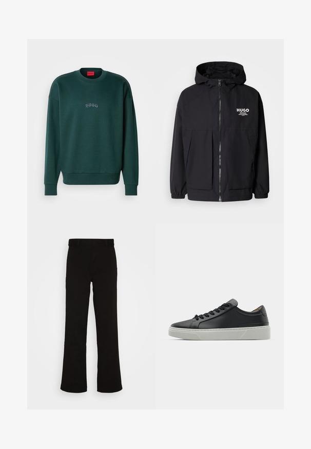 Zwarte hoodie-jack met een volledige rits aan de voorkant, elastische manchetten en twee voorzakken. Gedrukt logo op de linkerborst. Glad textuur.; Donkergroene sweatshirt van zacht materiaal, met een ronde hals, ribgebreide manchetten en een klein geborduurd 'Hugo' logo op de voorkant.; Zwarte flared broek van katoen met een gladde textuur. Heeft een vlakke voorkant en een standaard tailleband zonder zichtbare hardware.; Zwarte leren sneaker met een gladde textuur, ronde neus en zwarte veters. Heeft een dikke, witte rubberen zool met subtiele geometrische accenten.