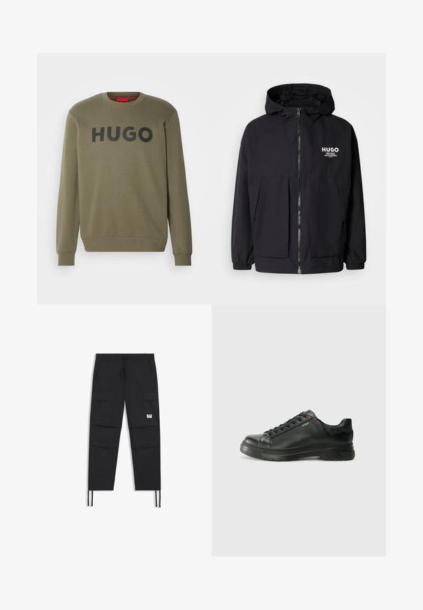 Giacca nera con cappuccio caratterizzata da una zip frontale completa, polsini elasticizzati e due tasche frontali. Logo stampato sul lato sinistro del petto. Texture liscia.; HUGO DEM - Felpa - dark beige; Pantaloni cargo neri con vita regolabile tramite cordino, numerose tasche, polsini elasticizzati e un discreto logo. Realizzati in tessuto leggero.; Sneaker nera in pelle con superficie testurizzata, collo imbottito e dettaglio logo rosso. Presenta una suola in gomma spessa con un motivo di battistrada distintivo.