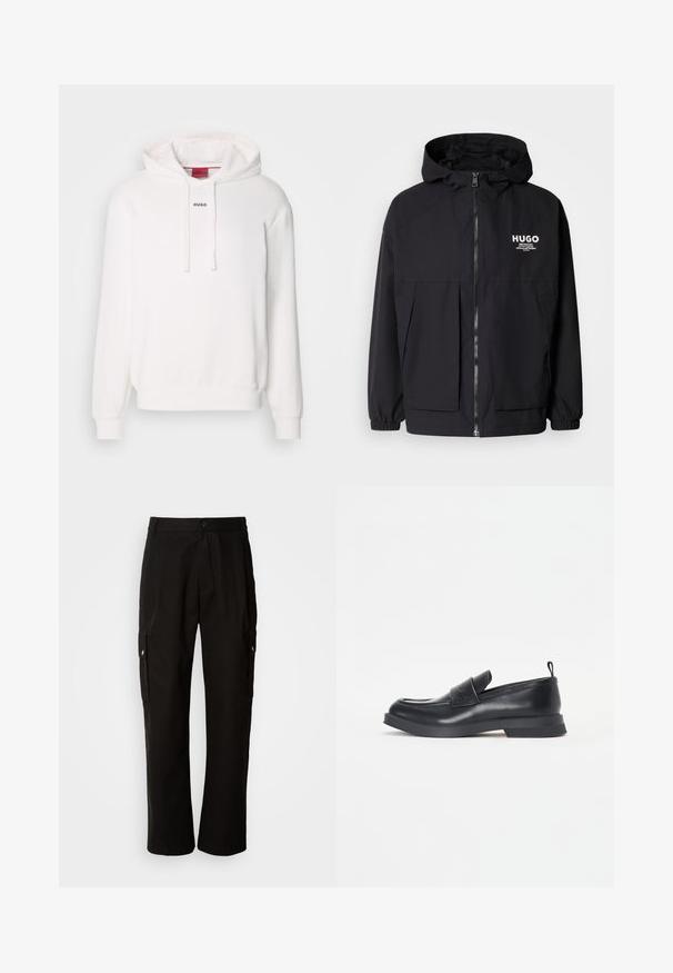 Giacca nera con cappuccio caratterizzata da una zip frontale completa, polsini elasticizzati e due tasche frontali. Logo stampato sul lato sinistro del petto. Texture liscia.; Felpa bianca con maniche lunghe, cappuccio con cordino, tasca a kangaroo anteriore e discreto logo "HUGO" sul petto. Tessuto morbido.; Pantaloni cargo neri in cotone con vestibilità comoda, dotati di tasche laterali, chiusura a bottone e gambe dritti. Design semplice senza motivi.; Mocassini in pelle nera con punta arrotondata, dettaglio della fascia frontale e suola in gomma bassa. Presentano cuciture sottili e un'apertura sul tallone.