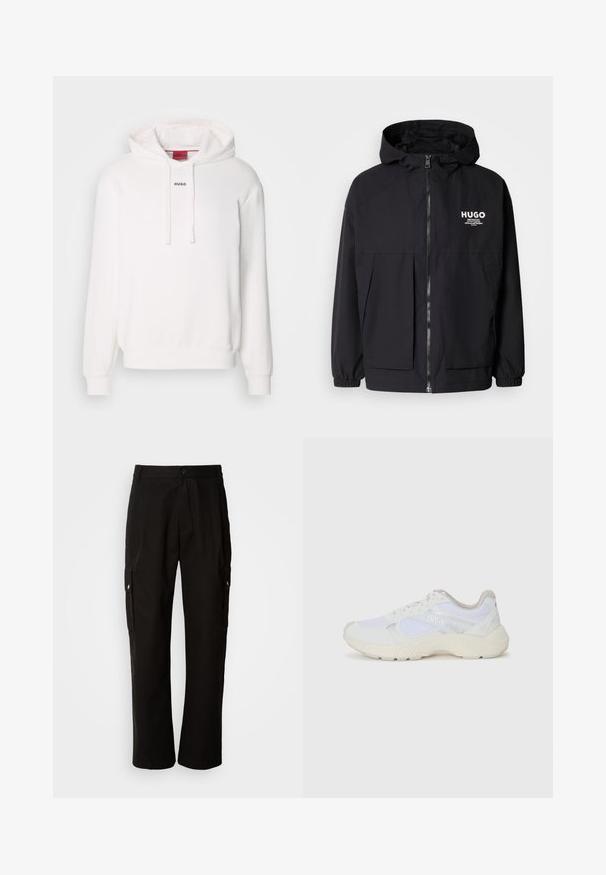 Black hooded jacket featuring a full front zip, elastic cuffs, and dual front pockets. Printed logo on the left chest. Smooth texture.; White hoodie with long sleeves, drawstring hood, front kangaroo pocket, and subtle “HUGO” logo on the chest. Soft fabric texture.; Black cargo pants made of cotton with a relaxed fit, featuring side pockets, a button closure, and straight legs. Simple design without patterns.; White athletic shoes made of mesh and suede, featuring a textured midsole, textured accents, and "HUGO" logo on the side.