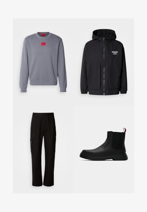 Must tumes jakk, millel on täispikktõmblukk, elastsed mansetid ja kaks esist pocketit. Prinditud logo vasakul rinnal. Sile tekstuur.; Hallitusest valmistatud hall dressipluus pehme kanga ja ümmarguse kaelusega, millel on rinnal punane ristkülikukujuline plaastriga, kus on "HUGO" logo. Ribitud varrukate ja servadega.; Mustad mustadeks rõivasteks mõeldud puuvillased püksid, millel on lõdva istuvuse disain, küljetaskud, nööbiga sulgemine ja sirged sääred. Lihtne disain ilma mustriteta.; Mustad musta värvi ankle boot, millel on sile viimistlus, elastsed külgpaneelid ja kontrastne punane tõmbetaba. Saapadel on paks kummist tald ja ümar varvas.