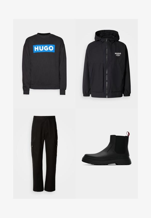 Black hooded jacket featuring a full front zip, elastic cuffs, and dual front pockets. Printed logo on the left chest. Smooth texture.; Black sweatshirt made from cotton blend, featuring a large blue rectangular logo with "HUGO" in white letters across the front.; Black cargo pants made of cotton with a relaxed fit, featuring side pockets, a button closure, and straight legs. Simple design without patterns.; Black ankle boot with a smooth finish, elastic side panels, and a contrasting red pull tab, featuring a thick rubber sole and rounded toe.