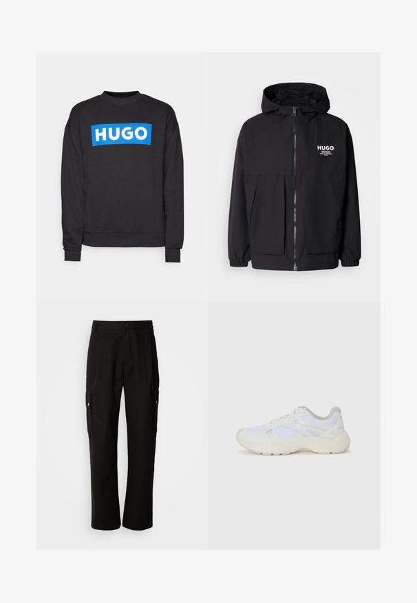 Chaqueta negra con capucha que presenta un cierre frontal completo, puños elásticos y dos bolsillos frontales. Logo impreso en el lado izquierdo del pecho. Textura suave.; Sudadera negra hecha de una mezcla de algodón, con un gran logotipo rectangular azul que lleva "HUGO" en letras blancas en la parte frontal.; Pantalones cargo negros de algodón con un corte relajado, que cuentan con bolsillos laterales, cierre de botón y perneras rectas. Diseño simple sin patrones.; Zapatillas deportivas blancas hechas de malla y ante, con una entresuela texturizada, acentos texturizados y el logo "HUGO" en el lateral.