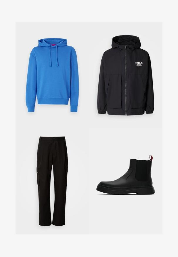 Svart huva jacka med full dragkedja fram, elastiska ärmslut och dubbla framfickor. Tryckt logotyp på vänster bröst. Slät textur.; Blå hoodie i en bomullsmix med dragsko i huvan, ribbade mudd och nederkant. Har en subtil logotyp på framsidan. Slät textur.; Svarta cargobyxor i bomull med avslappnad passform, utrustade med sidofickor, knapplås och raka ben. Enkelt design utan mönster.; Svarta ankelstövlar med en slät yta, elastiska sidopaneler och en kontrasterande röd dragflik, med en tjock gummisula och rund tå.