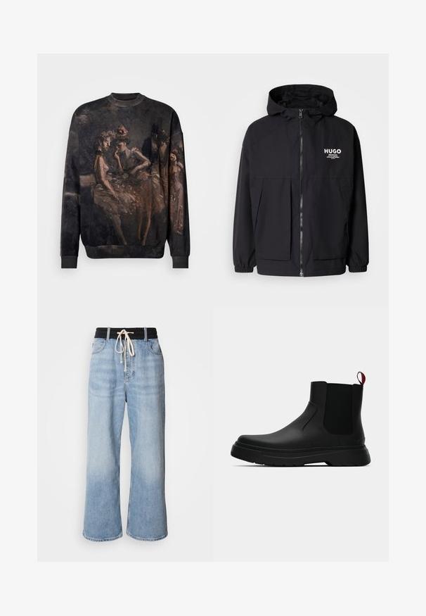 Jachetă neagră cu glugă, având un fermoar complet pe față, manșete elastice și două buzunare frontale. Logo imprimat pe partea stângă a pieptului. Textură netedă.; Pulover închis la culoare cu un imprimeu artistic reprezentând dansatori vintage în rochii elegante și pălării, surprinși în tonuri fine și discrete.; Jeans largi de culoare albastră deschisă, cu un brâu elastic negru, având un sistem de închidere cu șnur și un design clasic cu cinci buzunare.; Botine negre până la gleznă, cu un finisaj neted, panouri laterale elastice și un tab de prindere roșu contrastant, având o talpă groasă din cauciuc și vârf rotunjit.