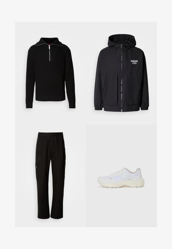 Black hooded jacket featuring a full front zip, elastic cuffs, and dual front pockets. Printed logo on the left chest. Smooth texture.; Black ribbed sweater with a high collar and short zipper. Features textured fabric and fitted cuffs, providing a structured silhouette.; Black cargo pants made of cotton with a relaxed fit, featuring side pockets, a button closure, and straight legs. Simple design without patterns.; White athletic shoes made of mesh and suede, featuring a textured midsole, textured accents, and "HUGO" logo on the side.