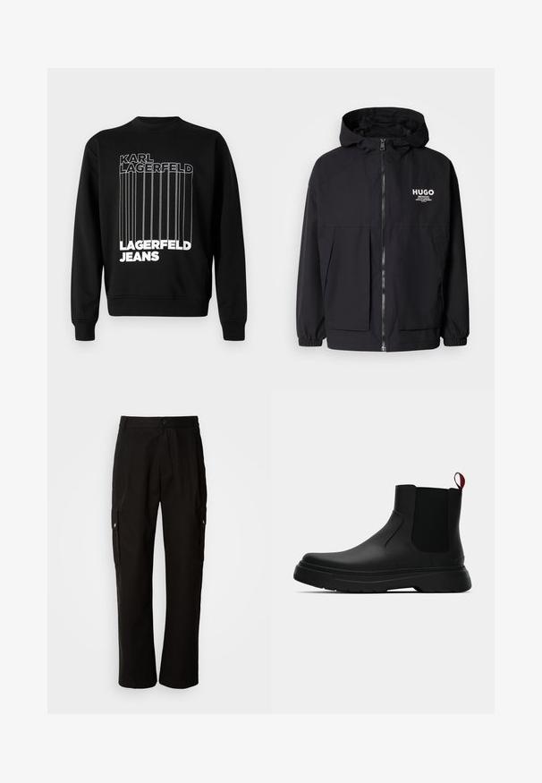 Chaqueta negra con capucha que presenta un cierre frontal completo, puños elásticos y dos bolsillos frontales. Logo impreso en el lado izquierdo del pecho. Textura suave.; Sudadera negra con líneas verticales blancas y texto en negrita que dice "KARL LAGERFELD" y "LAGERFELD JEANS". Diseño clásico de cuello redondo.; Pantalones cargo negros de algodón con un corte relajado, que cuentan con bolsillos laterales, cierre de botón y perneras rectas. Diseño simple sin patrones.; Botín negro con un acabado liso, paneles laterales elásticos y una lengüeta de tirón roja contrastante, que presenta una suela de goma gruesa y punta redondeada.