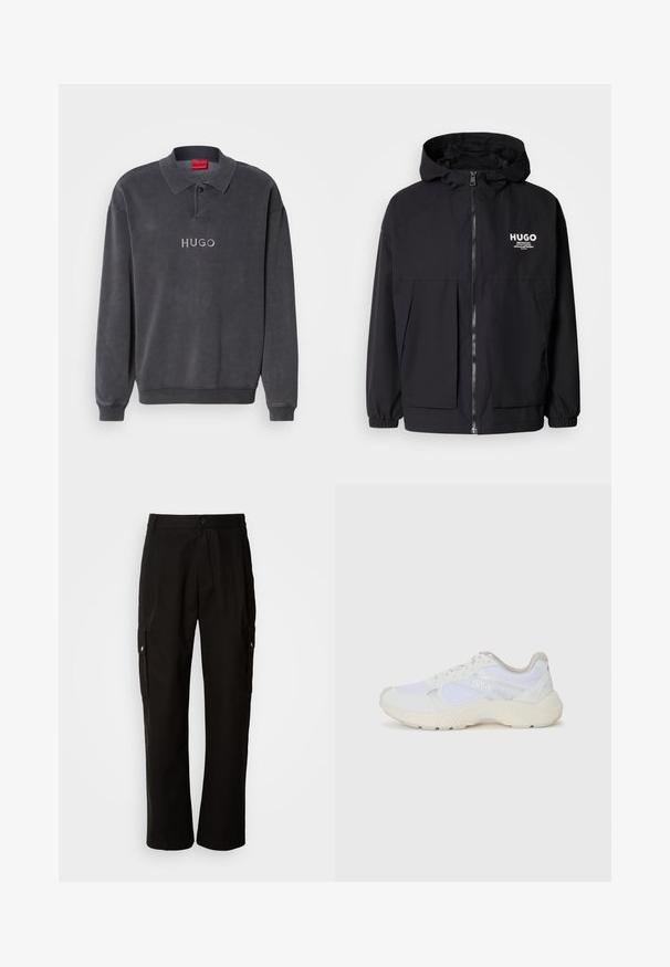 Melnā kapuce jaka ar pilnu priekšējo rāvējslēdzēju, elastīgām piedurknēm un divām priekšējām kabatām. Izdrukāts logo kreisajā krūtī. Gluda tekstūra.; Tumši pelēks garām piedurknēm polo krekls ar klasisku apkakli, ribotām piedurknēm un izšūtu "HUGO" logotipu priekšpusē. Mīksta kokvilnas maisījuma audums.; Melnas kokvilnas kravas bikses ar brīvu piegriezumu, ar sānu kabatām, pogu aizdari un taisnām kājām. Vienkāršs dizains bez rakstiem.; Baltas sporta apavi, kas izgatavoti no sieta un zamšāda, ar teksturētu starpzoli, teksturētām akcentēm un "HUGO" logo sānos.