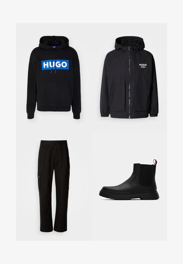 Čierna kapucňová bunda s plným predným zipsom, elastickými manžetami a dvojitými prednými vreckami. Tlačené logo na ľavej hrudi. Hladký povrch.; Čierna mikina s kapucňou s modrým obdĺžnikovým logom, na ktorom je napísané "HUGO" bielym písmom, nastaviteľnými šnúrkami a predným vreckom. Mäkká látka, voľný strih.; Čierne cargo nohavice vyrobené z bavlny s voľným strihom, majú bočné vrecká, zapínanie na gombík a rovné nohavice. Jednoduchý dizajn bez vzorov.; Čierne členkové topánky s hladkým povrchom, elastickými bočnými panelmi a kontrastným červeným poutkom, vybavené hrubou gumovou podrážkou a zaoblenou špičkou.