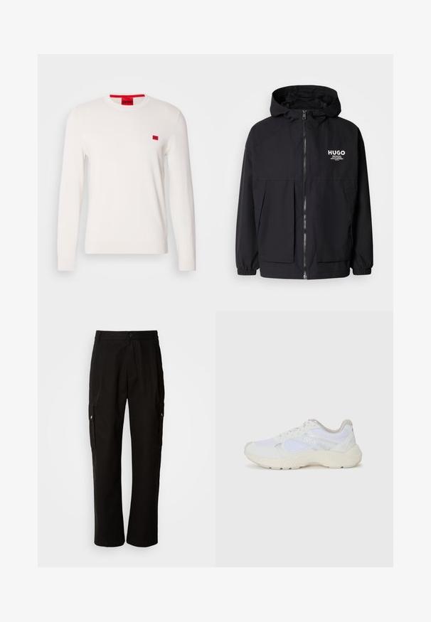 Juodas gobtuvas striukė su pilnu priekiniu užtrauktuku, elastinėmis rankovėmis ir dviem priekinėmis kišenėmis. Spausdintas logo ant kairės krūtinės. Lygus tekstūruotas paviršius.; Balta apvalios kaklo megztinis su ilgomis rankovėmis, pagamintas iš minkštos medžiagos. Ant krūtinės yra mažas raudonas logotipo pleistras ir kontrastinga raudona etiketė ant kaklo.; Juodos krovinių kelnės, pagamintos iš medvilnės, laisvo kirpimo, su šoninėmis kišenėmis, mygtuko uždarymu ir tiesiomis kojomis. Paprastas dizainas, be raštų.; Balti sportiniai bateliai, pagaminti iš tinklinės medžiagos ir zomšos, su tekstūruotu viduriu, tekstūruotais akcentais ir „HUGO“ logotipu šone.