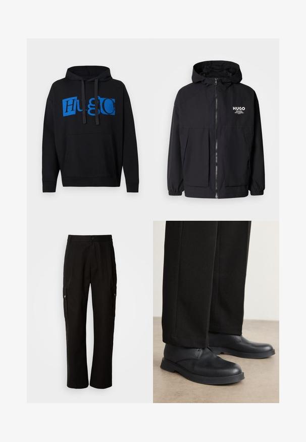Black hooded jacket featuring a full front zip, elastic cuffs, and dual front pockets. Printed logo on the left chest. Smooth texture.; Black hooded sweatshirt featuring a large blue "Hugo" graphic on the front, with a front pocket and drawstring hood. Classic design.; Black cotton T-shirt with a crew neck, featuring a textured black patch with logo on the left chest. Short sleeves and relaxed fit.; Black cargo pants made of cotton with a relaxed fit, featuring side pockets, a button closure, and straight legs. Simple design without patterns.; Black leather shoes with a rounded toe, flat sole, and minimal detailing. Paired with tailored black pants, showing smooth texture.