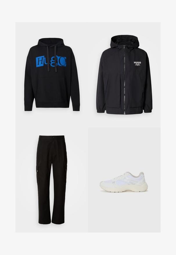 Black hooded jacket featuring a full front zip, elastic cuffs, and dual front pockets. Printed logo on the left chest. Smooth texture.; Black hooded sweatshirt featuring a large blue "Hugo" graphic on the front, with a front pocket and drawstring hood. Classic design.; Black cotton T-shirt with a crew neck, featuring a textured black patch with logo on the left chest. Short sleeves and relaxed fit.; Black cargo pants made of cotton with a relaxed fit, featuring side pockets, a button closure, and straight legs. Simple design without patterns.; White athletic shoes made of mesh and suede, featuring a textured midsole, textured accents, and "HUGO" logo on the side.