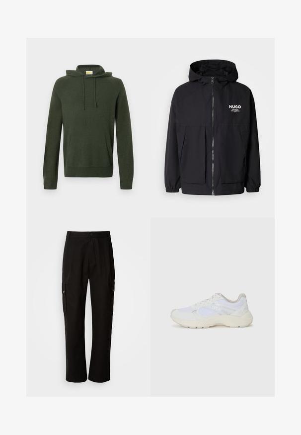 Veste à capuche noire avec zip frontal complet, poignets élastiques et poches avant doubles. Logo imprimé sur la poitrine gauche. Texture lisse.; Haut à capuche vert olive avec un cordon de serrage, poche avant, poignets et ourlet côtelés. Fabriqué dans un matériau doux avec une texture lisse.; T-shirt en coton noir à col rond, avec un patch texturé noir portant un logo sur la poitrine gauche. Manches courtes et coupe décontractée.; Pantalons cargo noirs en coton avec une coupe décontractée, dotés de poches latérales, d'une fermeture à bouton et de jambes droites. Design simple sans motifs.; Baskets de sport blanches en mesh et en daim, avec une semelle intermédiaire texturée, des accents texturés et le logo "HUGO" sur le côté.